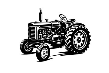 Obraz premium Solid black and white vector illustration of a vintage farm tractor