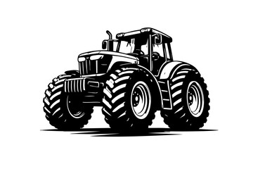 Obraz premium Low-angle perspective of a farm tractor emphasizing massive rear wheels