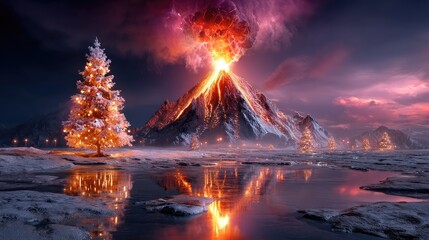 Fototapeta premium Majestic Eruption of a Volcanic Mountain Surrounded by Festive Trees Illuminated by Colorful Lights Under a Dramatic Twilight Sky