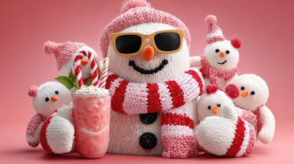 Cute snowman character wearing sunglasses, surrounded by knitted snowmen, candy canes, and a festive pink drink, creating a joyful winter holiday atmosphere