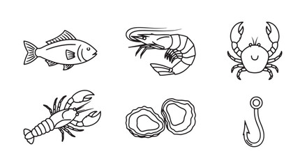 Obraz premium Seafood Items Outline Stroke Vector Icon Pack with Fish Shrimp Crab Lobster Oyster Shell Fishing Hook