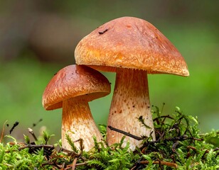 Close-up view showcasing two brown capped, white-stemmed fungi against a blurred green moss backdrop. Focus is on the mushroom's texture