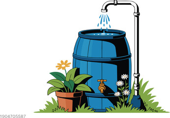 Rainwater Harvesting Illustration – Blue Barrel Outside House with Garden Plants © MDABU