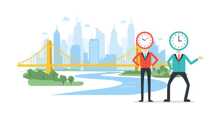 Naklejka premium Clock Head Characters Pointing at Golden Bridge