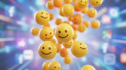Fototapeta premium Explosion of Yellow Smiley Face Emojis in Digital Space with Blurred Social Media Background