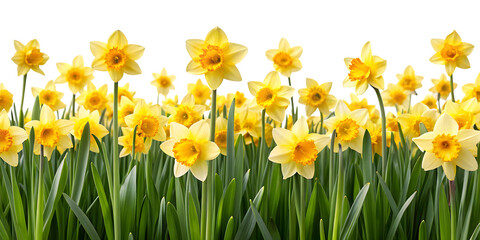 Cluster of vibrant yellow daffodil flowers with green stems and leaves in full bloom isolated on a transparent background