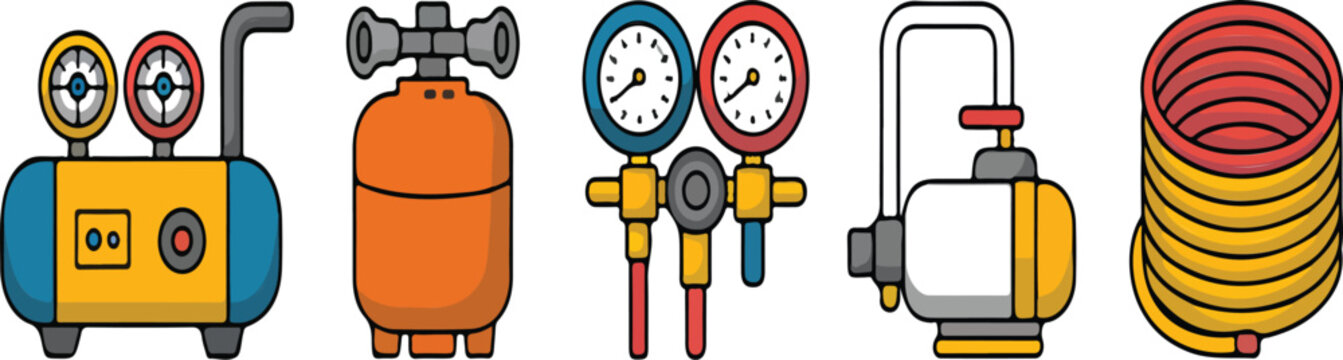 Refrigeration Tools Vector Set &ndash; Gauge Manifold, Gas Cylinder and Vacuum Pump