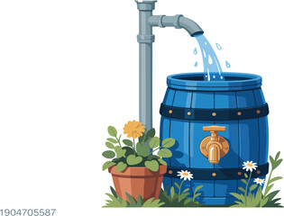 Rainwater Harvesting Illustration – Blue Barrel Outside House with Garden Plants © MDABU