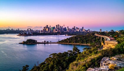 Obraz premium Stunning panoramic view of Sydney Harbour at sunset, cityscape and bridge.