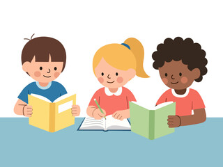 children engaged reading studying together illustration library