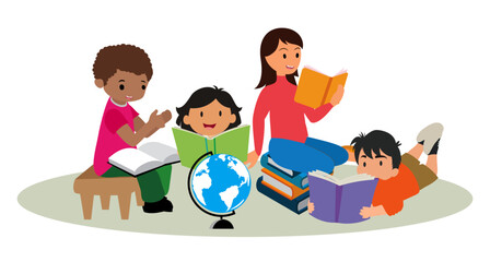children engaged reading studying together illustration library