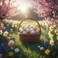 A wicker basket filled with colorful Easter eggs rests on a grassy field.