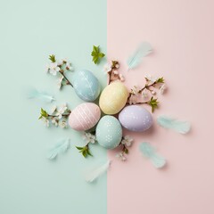 Pastel colored Easter eggs with intricate white patterns rest on a split mint green and pink background.