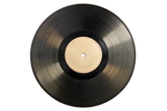 Closeup view of a vinyl record with visible grooves and cream colored label isolated on a transparent background