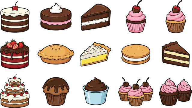Cute Bakery Dessert Icon Set with Layer Cakes, Cupcakes, Pie, Cheesecake, Muffins and Sweet Pastry Illustrations for Cafe and Menu Design