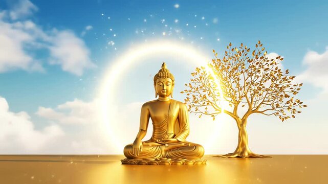 Golden buddha statue meditating peacefully under a sacred, glowing bodhi tree, celebrating buddha purnima.