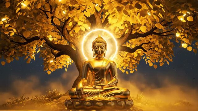 Golden buddha meditates under a glowing bodhi tree on buddha purnima, amidst a serene, misty mountain night.