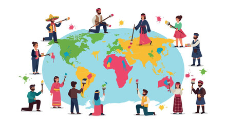 Fototapeta premium Illustration of diverse people painting a colorful world map with vibrant hues and dynamic composition on a white background.