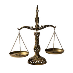 Antique balance scale with coins isolated on black