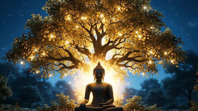 A mystical golden bodhi tree glows under a full moon, celebrating buddha purnima in a serene night sky.