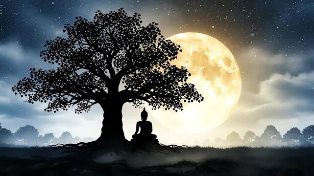 A serene buddha meditates under the sacred bodhi tree at sunrise, celebrating buddha purnima with a golden glow.