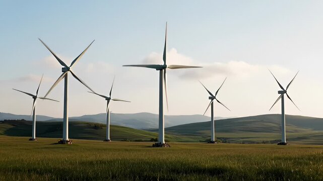 Wind Turbines Rotating in a Green Field Under a Clear Sky, Renewable Energy Landscape