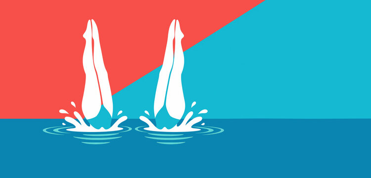 Single continuous line drawing of young athletic women. Synchronized swimming, artistic swimming. The concept of group competitions in water sports.