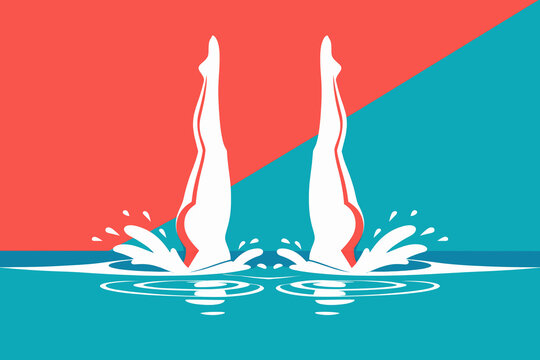 Single continuous line drawing of young athletic women. Synchronized swimming, artistic swimming. The concept of group competitions in water sports.