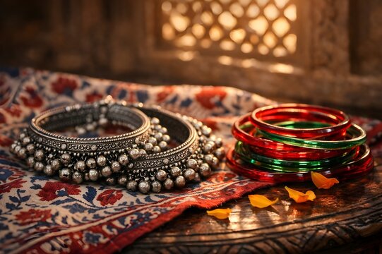 Traditional Indian Silver Anklets On Rajasthani Block Print Fabric
