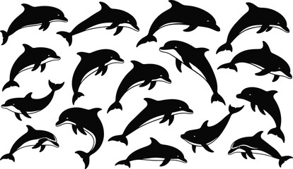 Dolphin silhouette collection, ocean animal artwork, marine wildlife illustration, © Its Saidul 