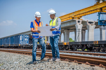 Diverse team of engineers discussing blueprints on a railway construction site, Civil engineers supervising railway tracks and cargo transportation development infrastructure project