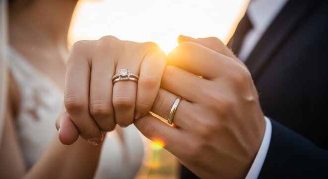 Intimate moment of a loving couple's hands, adorned with beautiful wedding rings, making a pinky promise against the warm glow of sunset, signifying their enduring bond and commitment