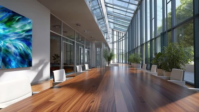 Modern Conference Room with Large Artistic Wall Piece and Glass Walls Surrounded by Natural Light, Showcasing an Elegant and Contemporary Workspace Design