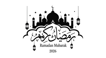 Fototapeta premium An elegant ramadan kareem greeting card featuring a mosque and crescent moon silhouette high quality professional detailed modern