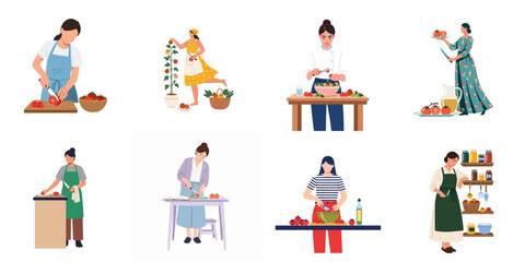 Diverse women preparing and enjoying fresh tomatoes in various culinary and gardening activities, emphasizing healthy eating and homemade food.