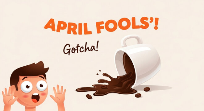 Cartoon man reacts to spilled coffee cup on april fools' day with gotcha message