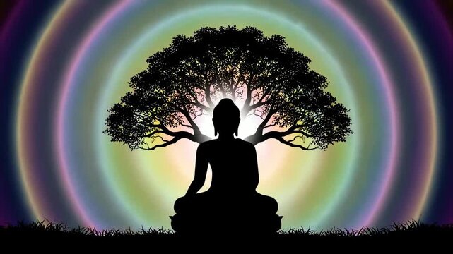 Meditating buddha silhouette under a sacred bodhi tree, radiating a vibrant spiritual aura, for buddha purnima.