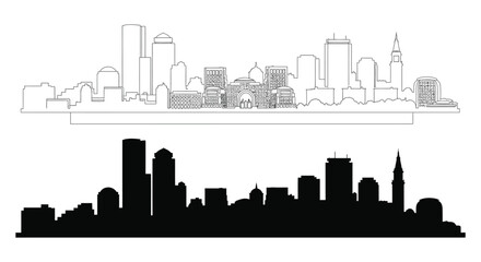 A detailed black and white illustration depicts a city skyline with a contrasting silhouette high quality professional modern