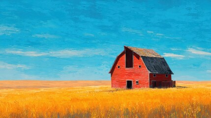 Fototapeta premium Red barn in a golden wheat field under a blue sky with painterly texture