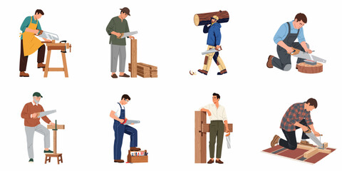 Diverse men engaging in woodworking and carpentry tasks, using handsaws to cut timber planks and logs, showcasing manual labor, craftsmanship, and construction on a white background.