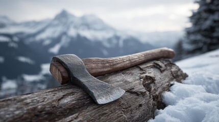 Axe resting on a log in snowy mountain landscape