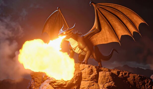 Majestic Fire Dragon Breathing Flames on Mountain Cliff at Night