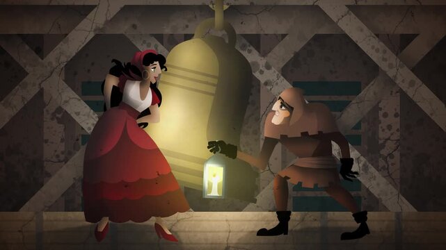hunchback and gipsy woman in the bell tower with candle lantern