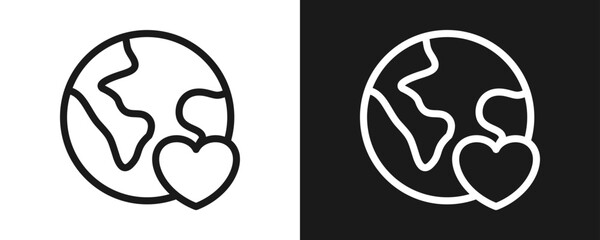 Earth Heart Icon Set Outline In White And Black Background