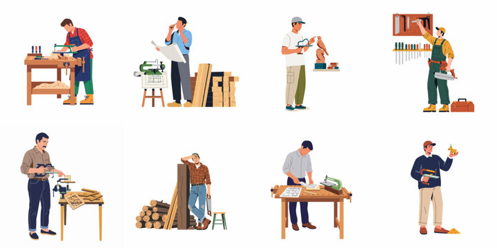 Illustrations showcasing diverse woodworking activities, including sawing, carving, planning, and tool organization, depicting skilled craftsmen in their workshops and creative pursuits.