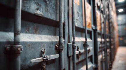 Close-up of weathered metal shipping containers in a warehouse storage facility.
