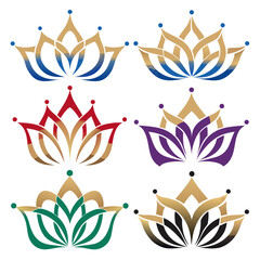 Obraz premium Luxury golden crown with lotus flower petals vector logo design for royal brand or spa.