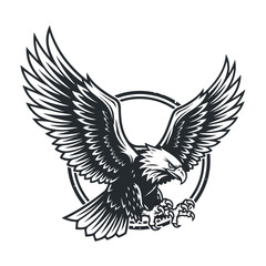 Fototapeta premium Detailed illustration of an eagle with outstretched wings in a circular frame on a white background with monochromatic tones.