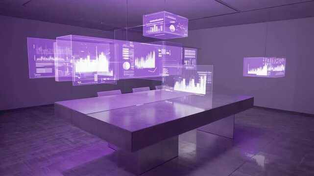 Holographic Data Analytics Control Room featuring a floating purple holographic interface displaying financial charts, performance graphs, and real-time analytics, advanced technology and digital inno