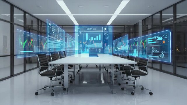 AI Powered Smart Boardroom with Holographic Data Dashboard displaying AI analytics, financial charts, real time business intelligence data in a high tech office environment